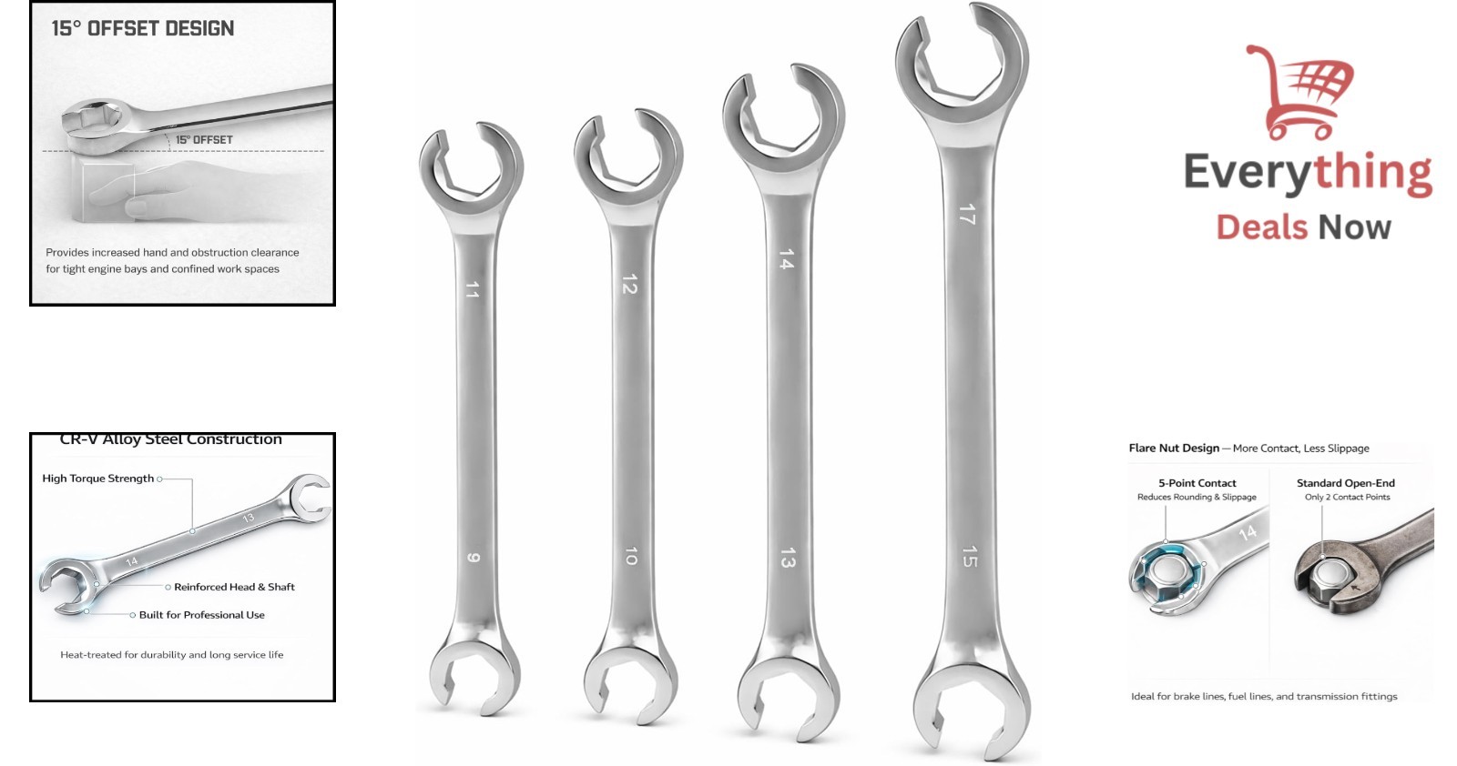 8-Piece 9-17mm Flare Nut Wrench Set with 15-Degree Offset for Mechanic Precision