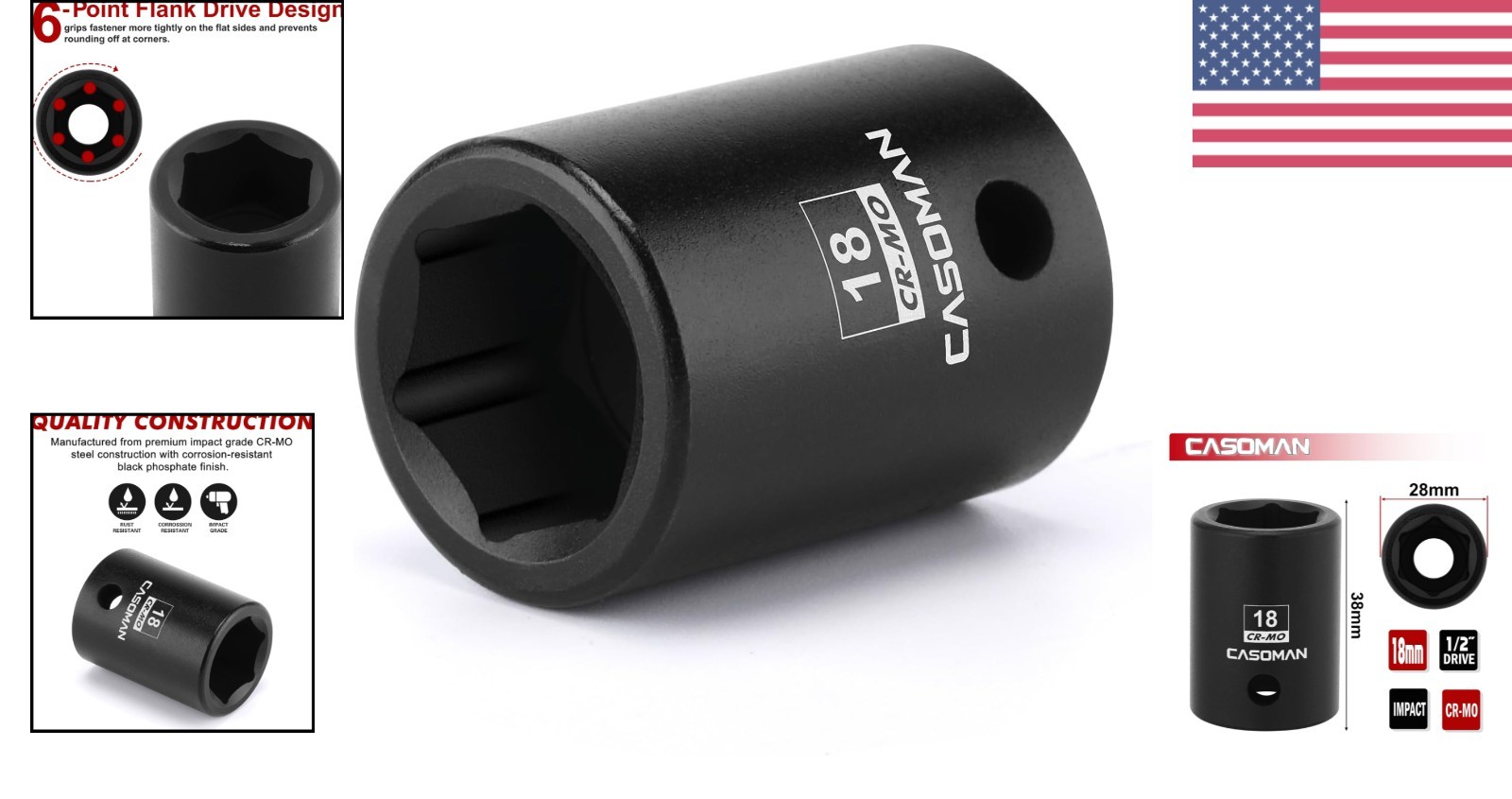 Chrome Molybdenum 18mm Impact Socket 1/2″ Drive 6-Point Black Finish