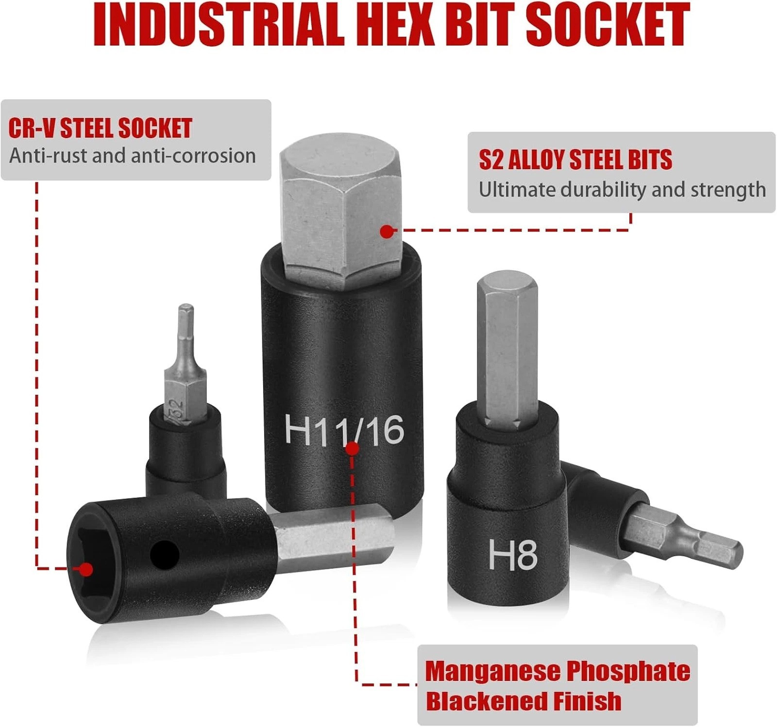 Hex Impact Bit Socket Set 32-Piece SAE Metric Allen Sockets 1/4 3/8 1/2 Drive S2
