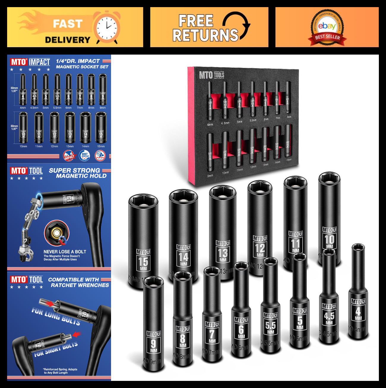 14-Piece 1/4″ Drive Magnetic Deep Impact Socket Set, Metric 4mm-15mm, 6-Point So