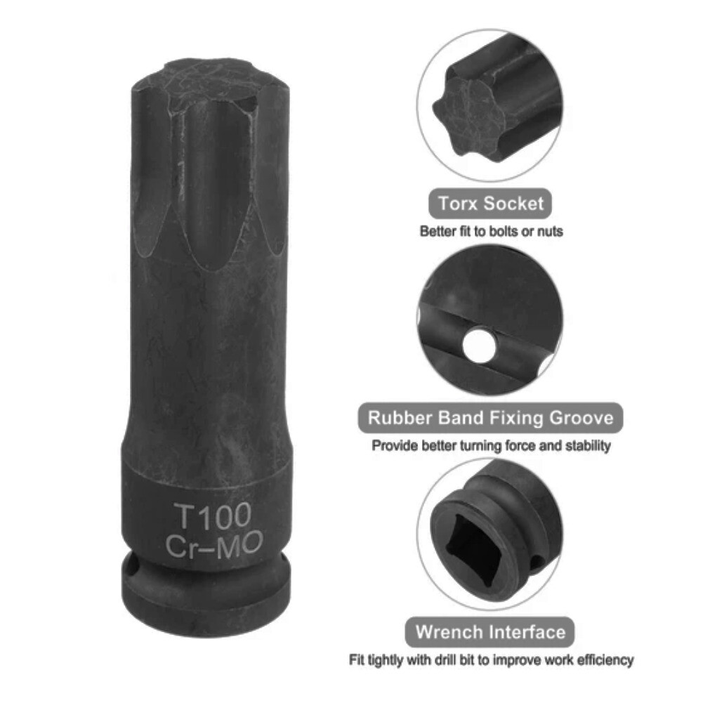 T100 Torx 6 Point Impact Bit Socket, 1/2-Inch Square Drive Screwdriver Adapter
