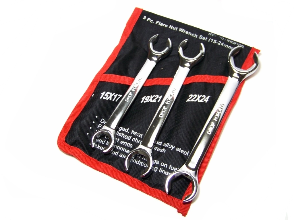 3 pc Flare Nut Wrench Set Metric 15, 17, 19, 21, 22, 24MM Open End Wrench kit