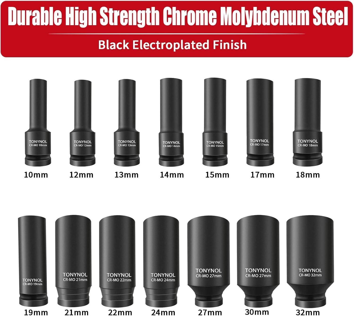 Metric 10-32mm 1/2 Inch Deep Drive Impact Socket Set – Tough Cr-Mo Construction