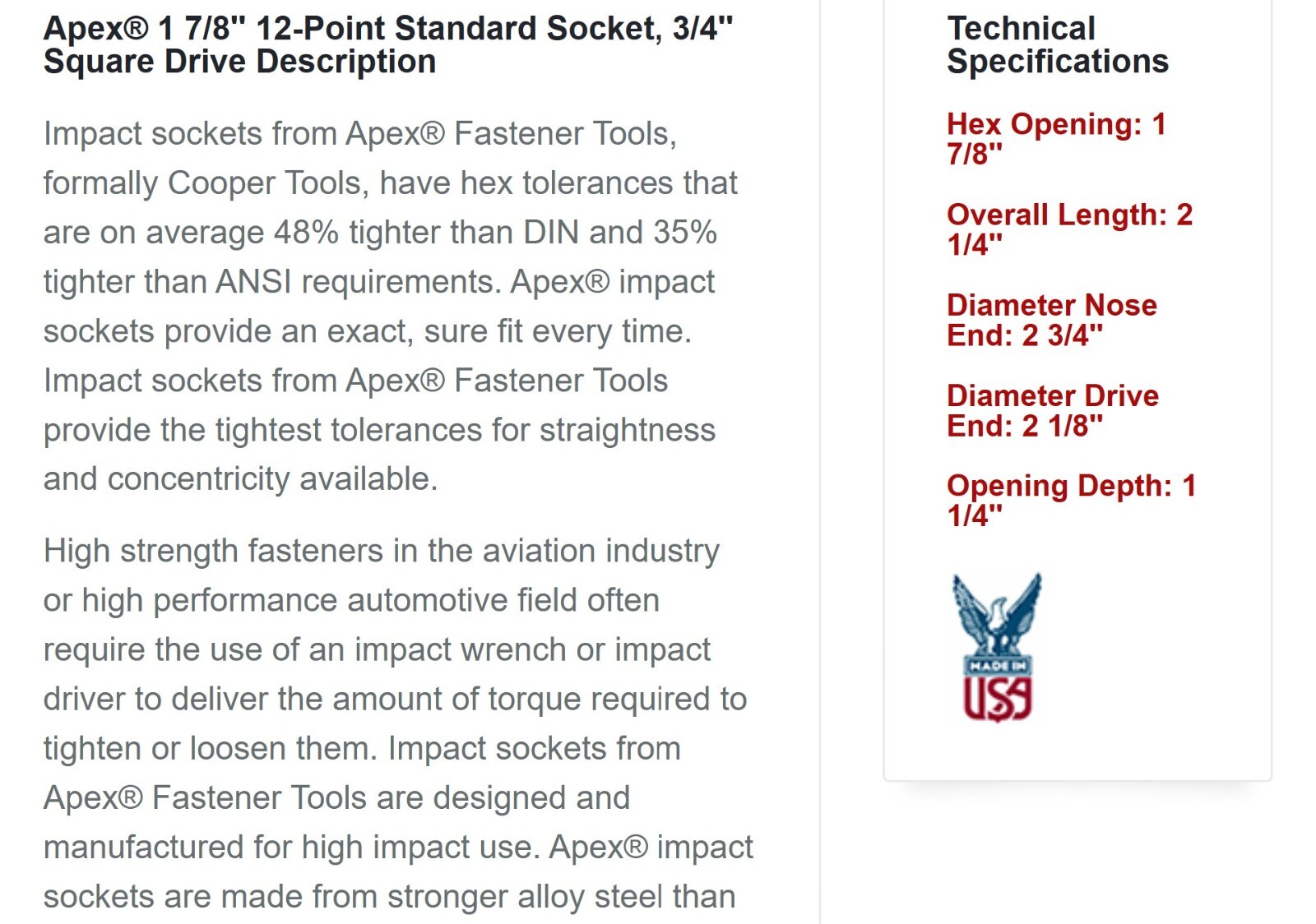 Apex 7160-D 12 Point 1-7/8in Impact Socket 3/4in Drive [A6B5]