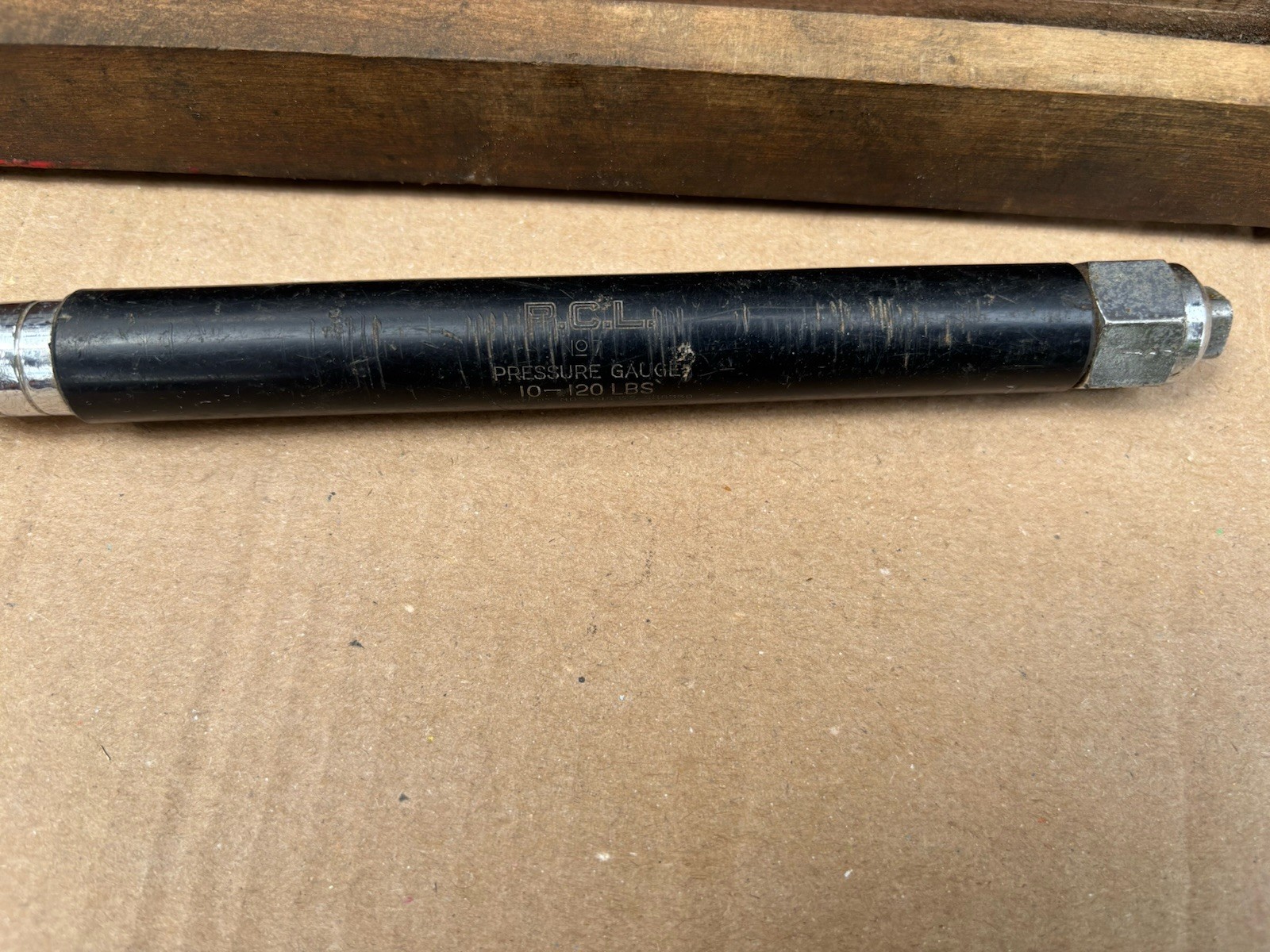 Vintage Tyre Pressure Service Gauge No7 20-120lbs PCL Sheffield In Wooden Box