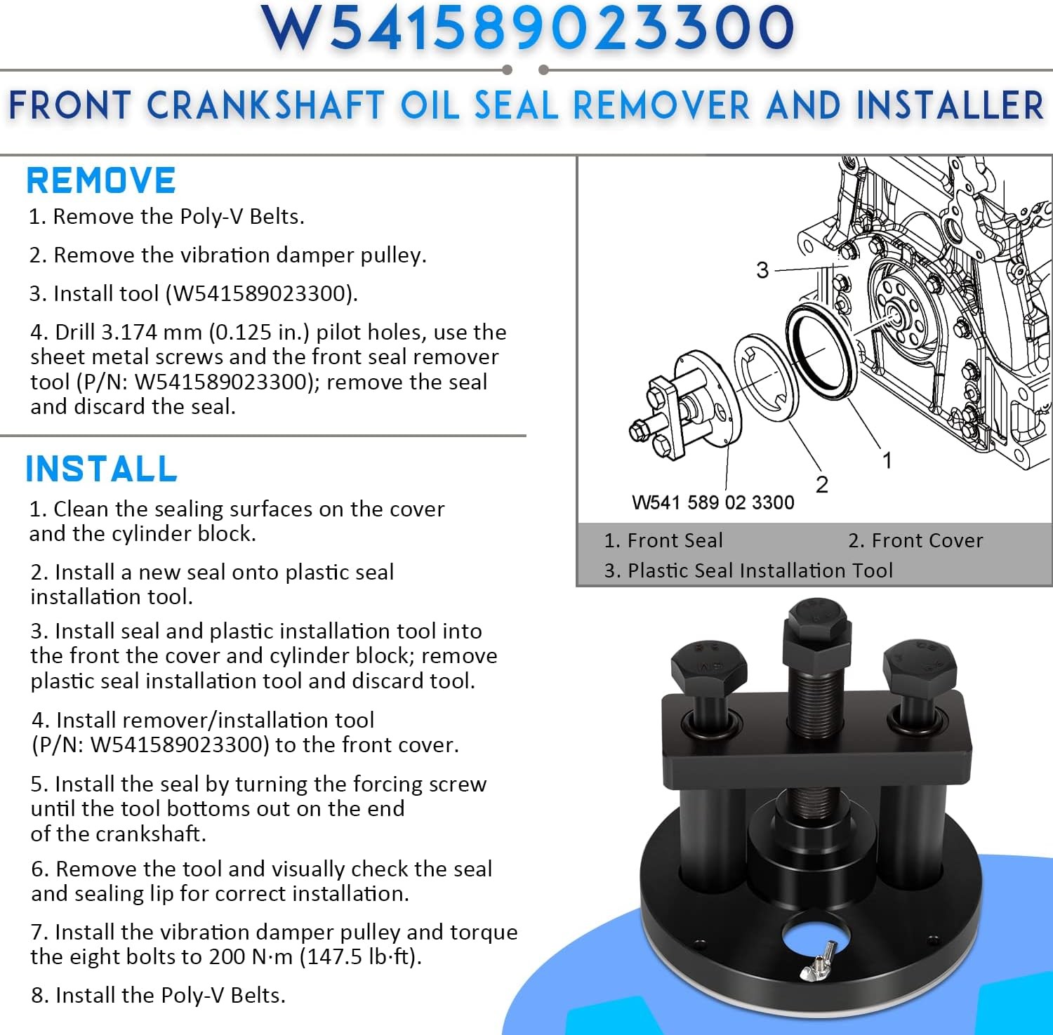Front & Rear Crankshaft Seal Remover/Installer Tool for Detroit Diesel DD13 DD15