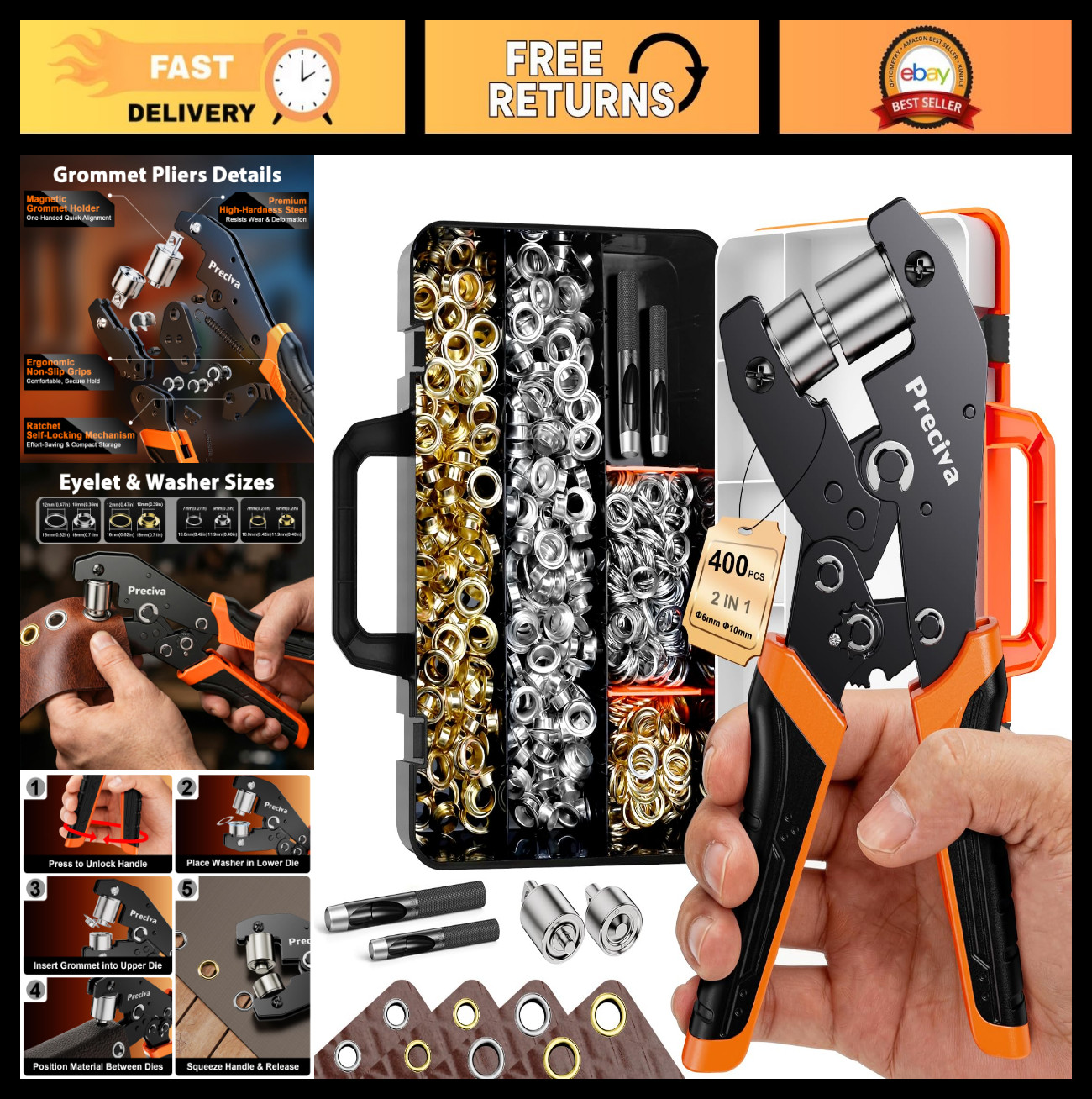 Grommet Tool Kit with 200 Eyelets & Pliers Set for Canvas, Leather, DIY Repairs