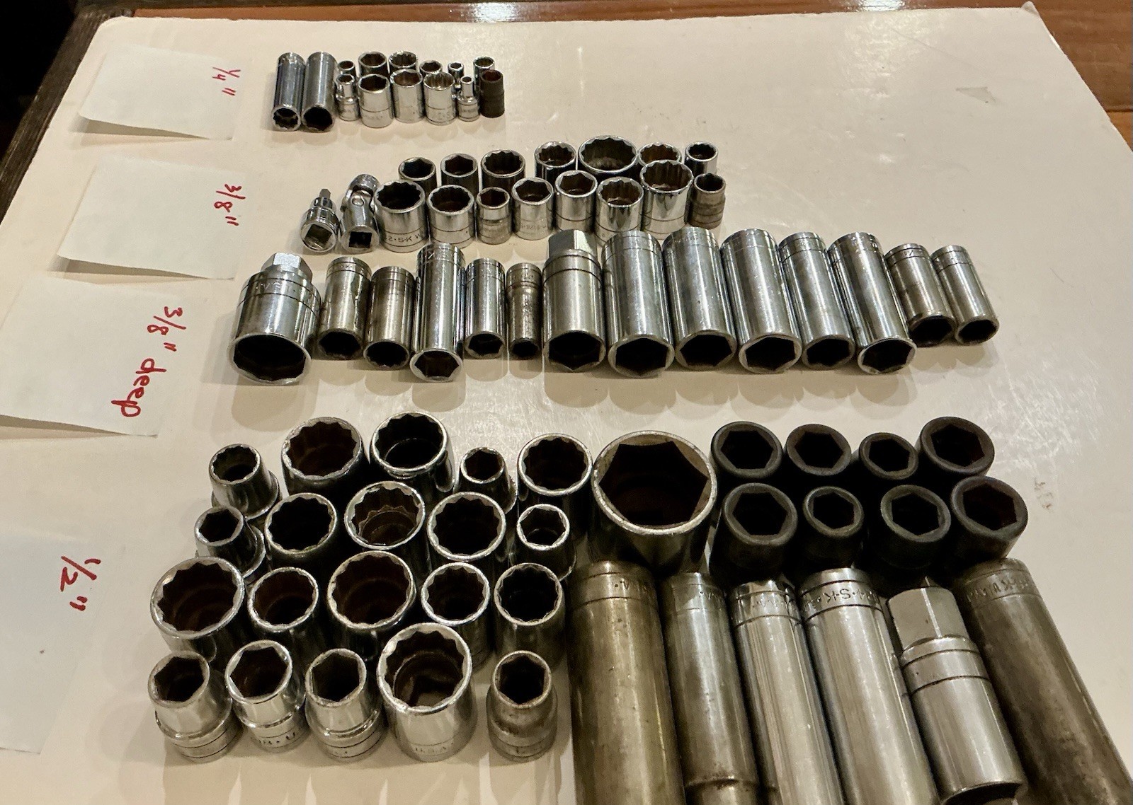 S-K Sockets, Lot Of 105 Sockets, `1/4, 3/8 & 1/2” Drive, Standard, Deep, Impact