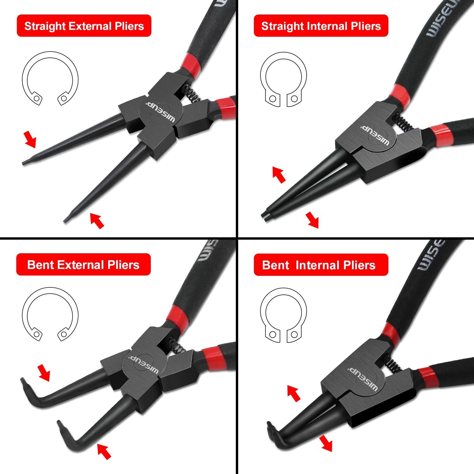 Heavy Duty Snap Ring Pliers Set, 4PCS 9″ Internal/External Circlip Tool Kit