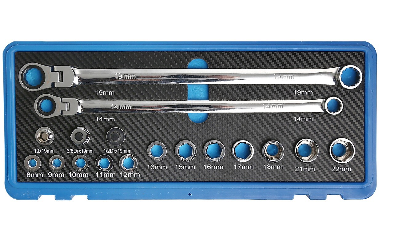 17PC Extra Long Flex-Head Ratcheting Wrench Set, Metric Double Box End w/ 8-22mm