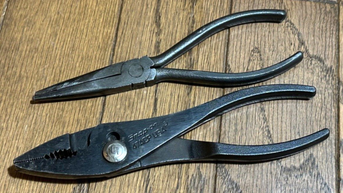 Snap On Tools Set Pliers Needle Nose Adjustable Slip Joint Groove Lot 7.5″ Long