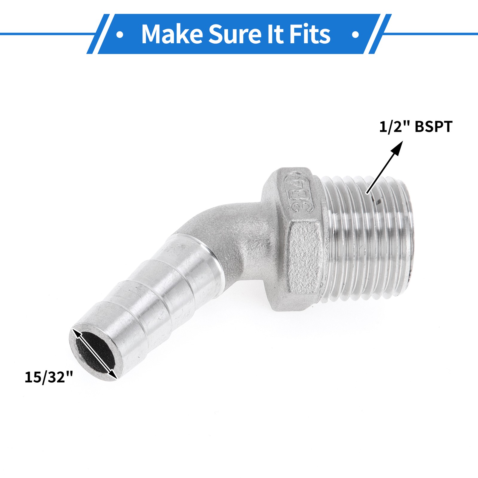 15/32″x1/2″ BSPT 45° Elbow Tube Beard Fittings 2pcs Silver