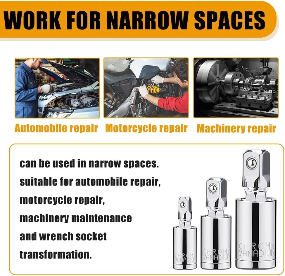 3PCS Impact Universal Joint Swivel Socket Adapter Set 1/4″ 3/8” 1/2″ Drive 360°