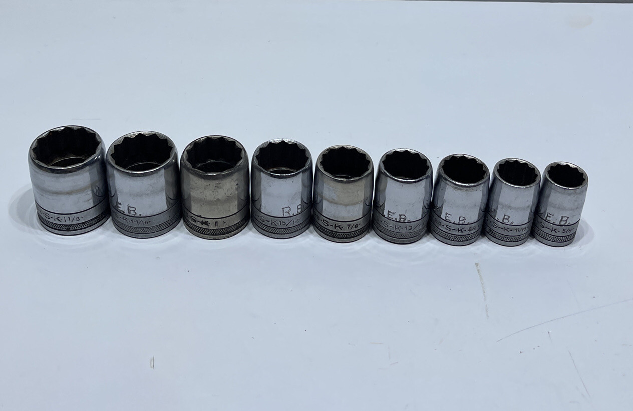 Lot of 9 SK Hand Tools 12 Point 1/2in Drive Socket Set 5/8in – 1-1/8in