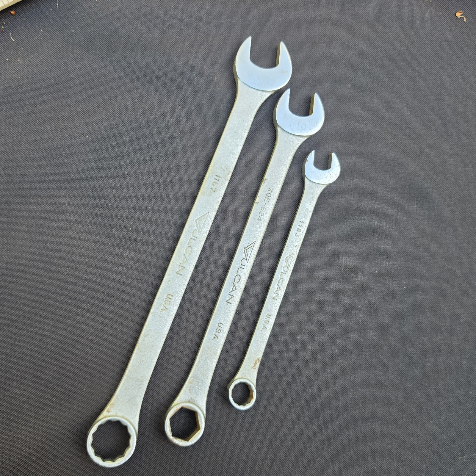 3 Vintage VULCAN Wrenches-12 Pt 1167 – 7/8 & 1163 9/16. 6 Pt XOE-624 – 3/4″.