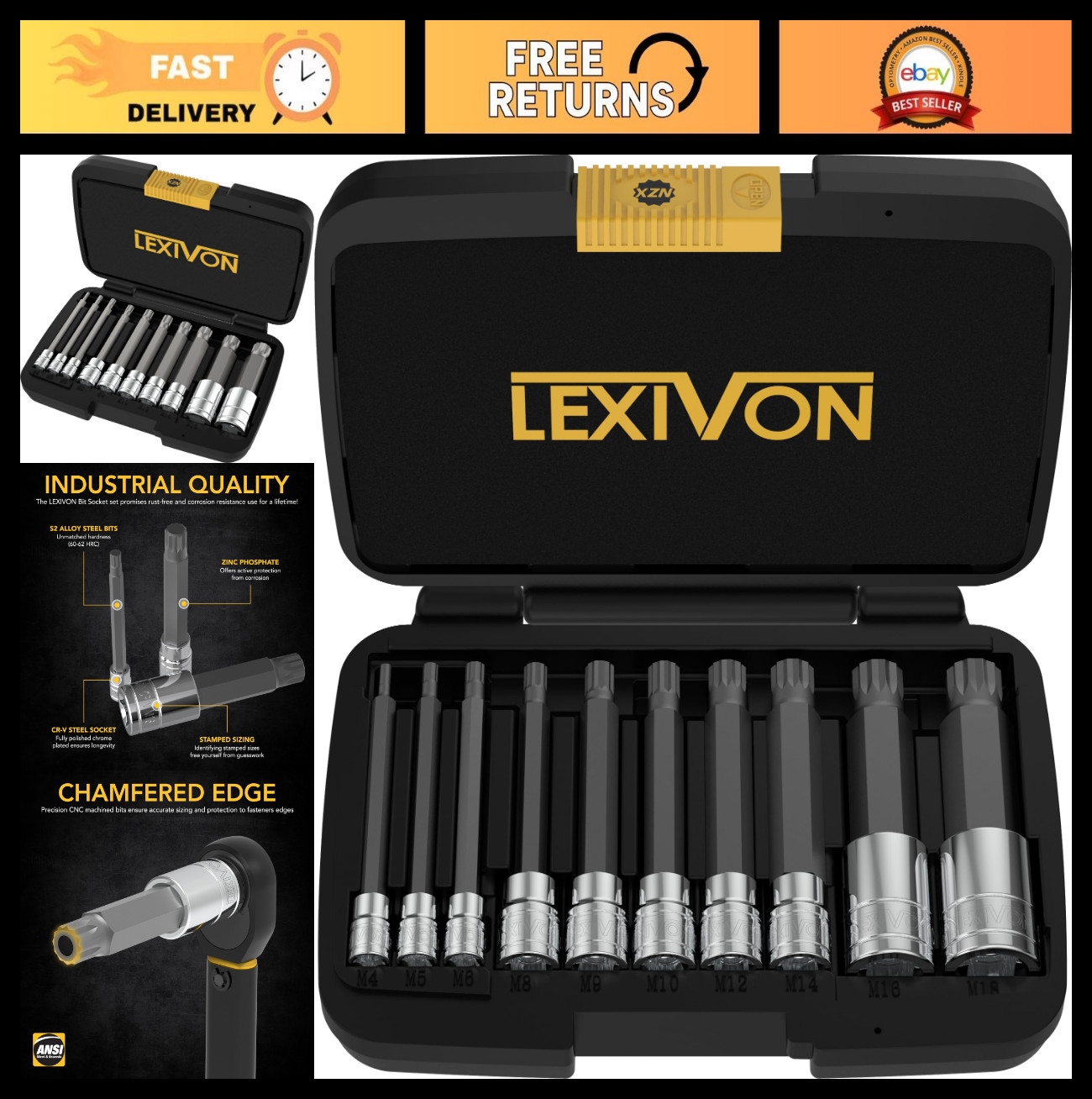 10-Piece Extra Long Triple Square Spline Bit Socket Set, M4-M18, Premium S2 Stee