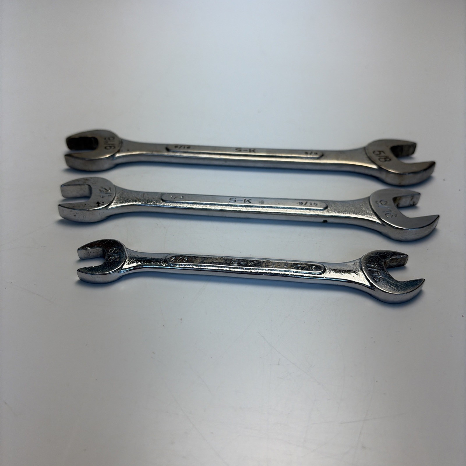Vintage SK USA Double Open End Wrench Set 3 Pc SAE 3/8 7/16 1/2 9/16 5/8