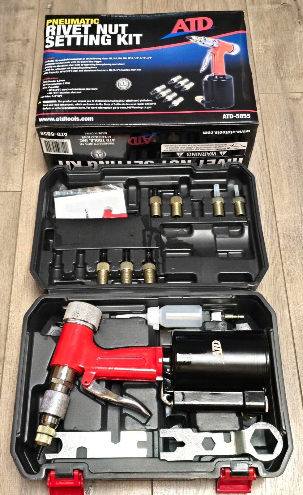 ATD Tools Air Hydraulic Rivet Nut Air Gun Kit Nut-Sert up to 3/8″ #5855