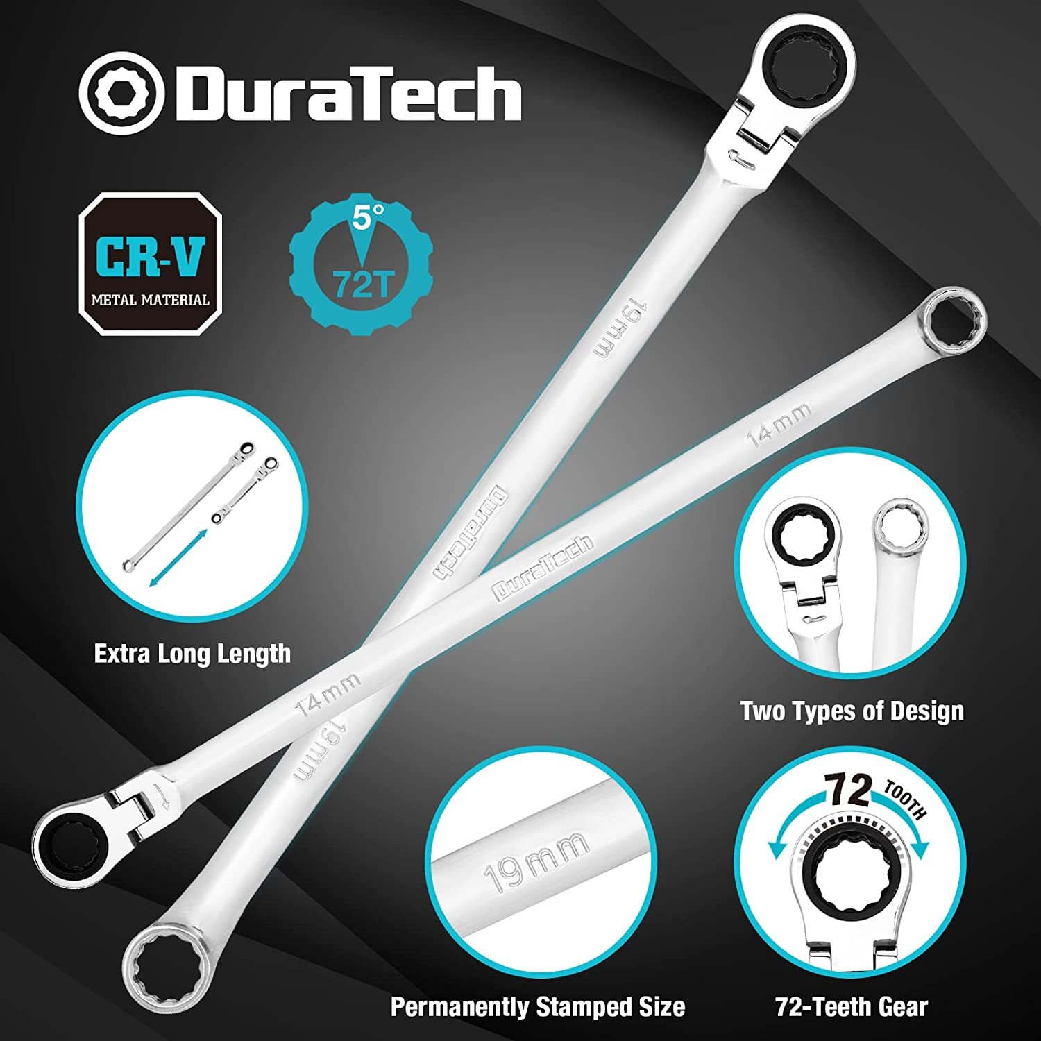 DURATECH 27PCS Extra Long Flex Head Ratcheting Wrench Set Double Box End 8-22mm