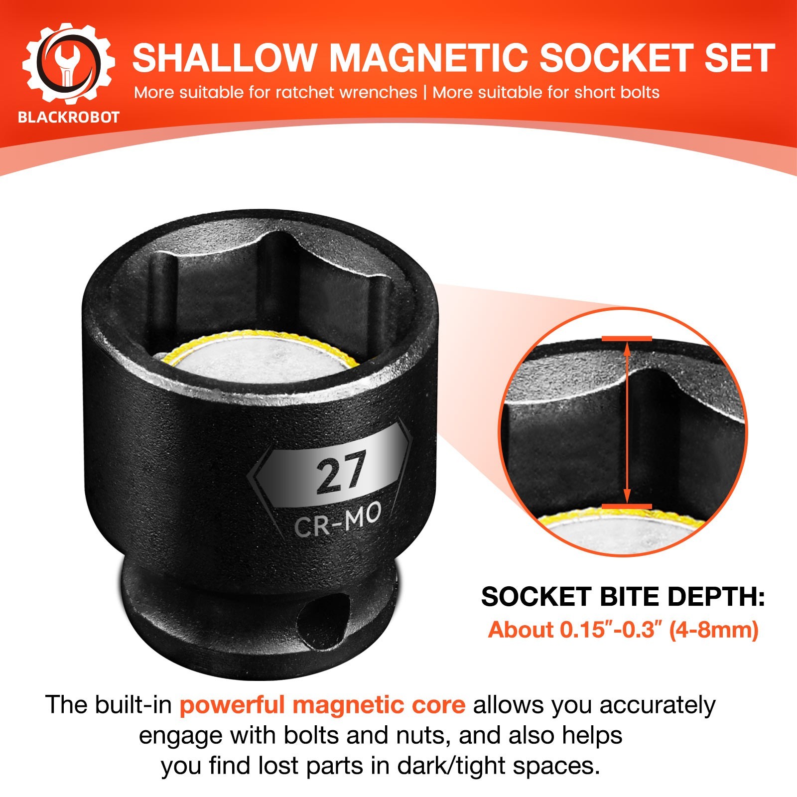 1/2″ Drive Magnetic Impact Socket Set, 15-Pcs Metric size (10-22, 24, 27mm)