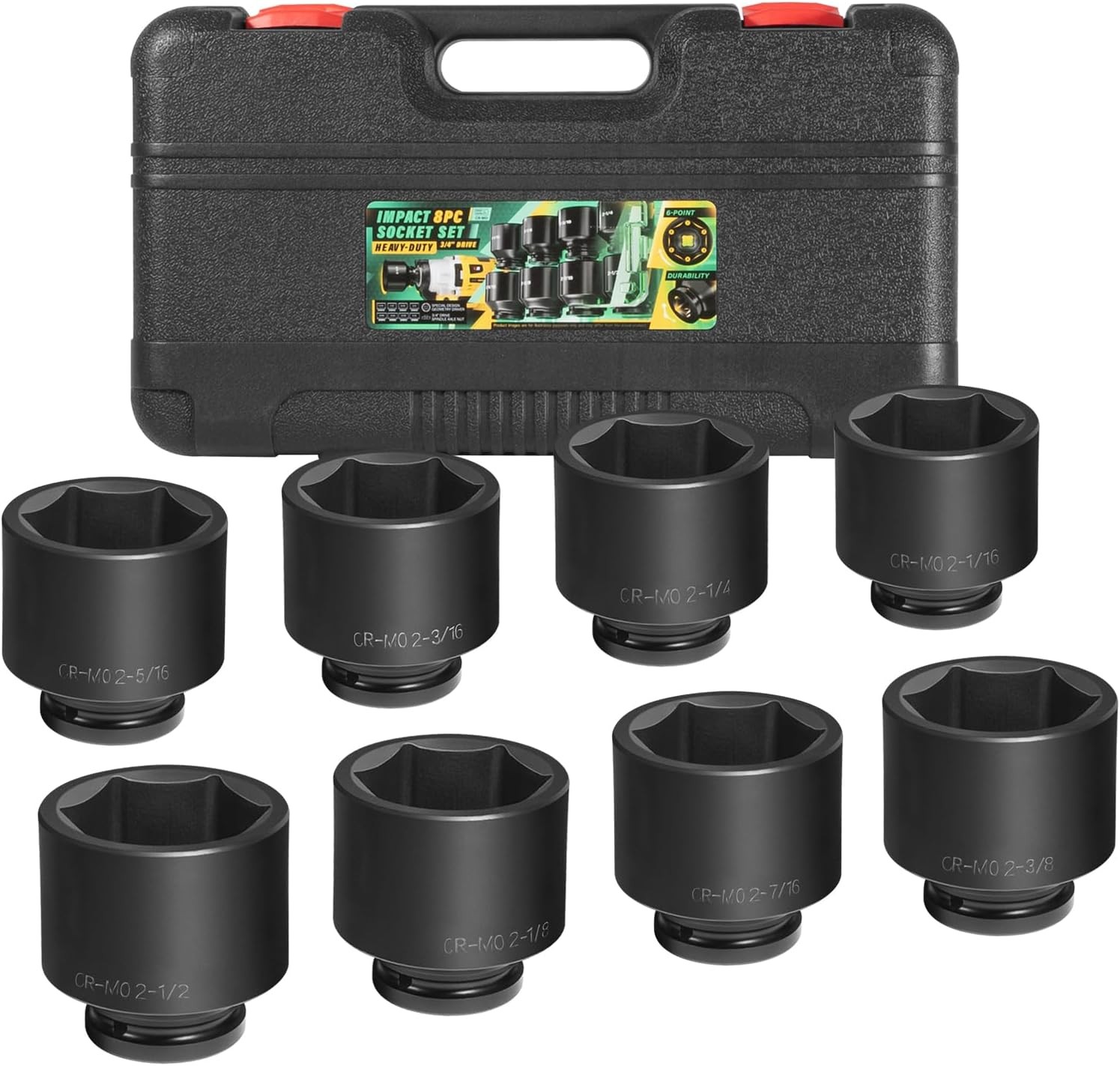 3/4″ Drive Impact Jumbo Socket Set,CR-MO Steel,6-Point SAE 2-1/16″ to 2-1/2″,8PC