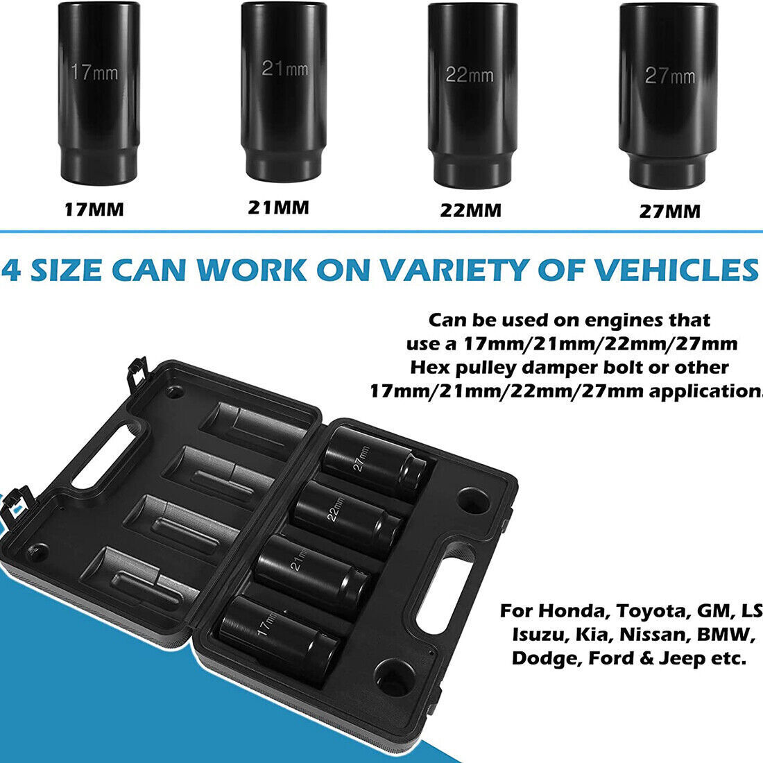 Crank Bolt Socket Set, 17MM/21MM/22MM/27MM Harmonic Balancer Socket Set