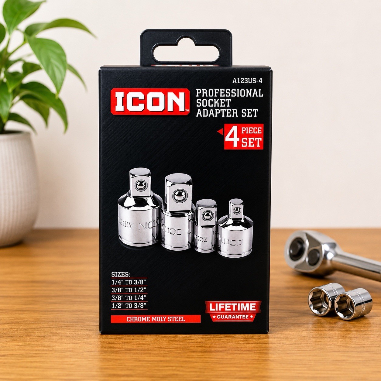 ICON Professional 4-Piece Socket Adapter Set A123US-4 Chrome Moly Steel NEW