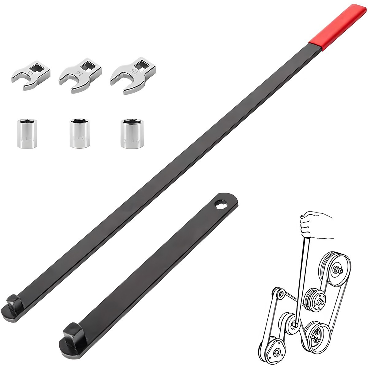 8PC Serpentine Belt Tension Tool 1/2″ 3/8″ Square Universal Belt Removal Wrech