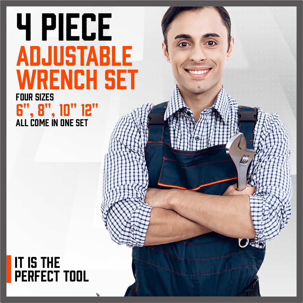 12″ 10″ 8″ 6″ Laser Marked Adjustable Wrench Set Heat 1-5/16″ 1-1/8″ 15/16″ 3/4″