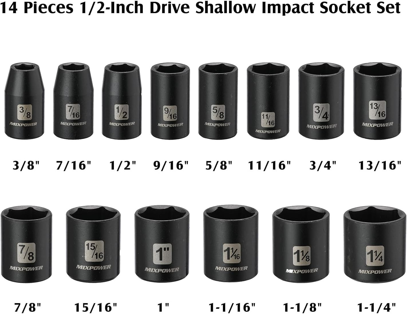 Durable 14-Piece 1/2-Inch Drive Shallow Socket Set with Black Phosphate Finish