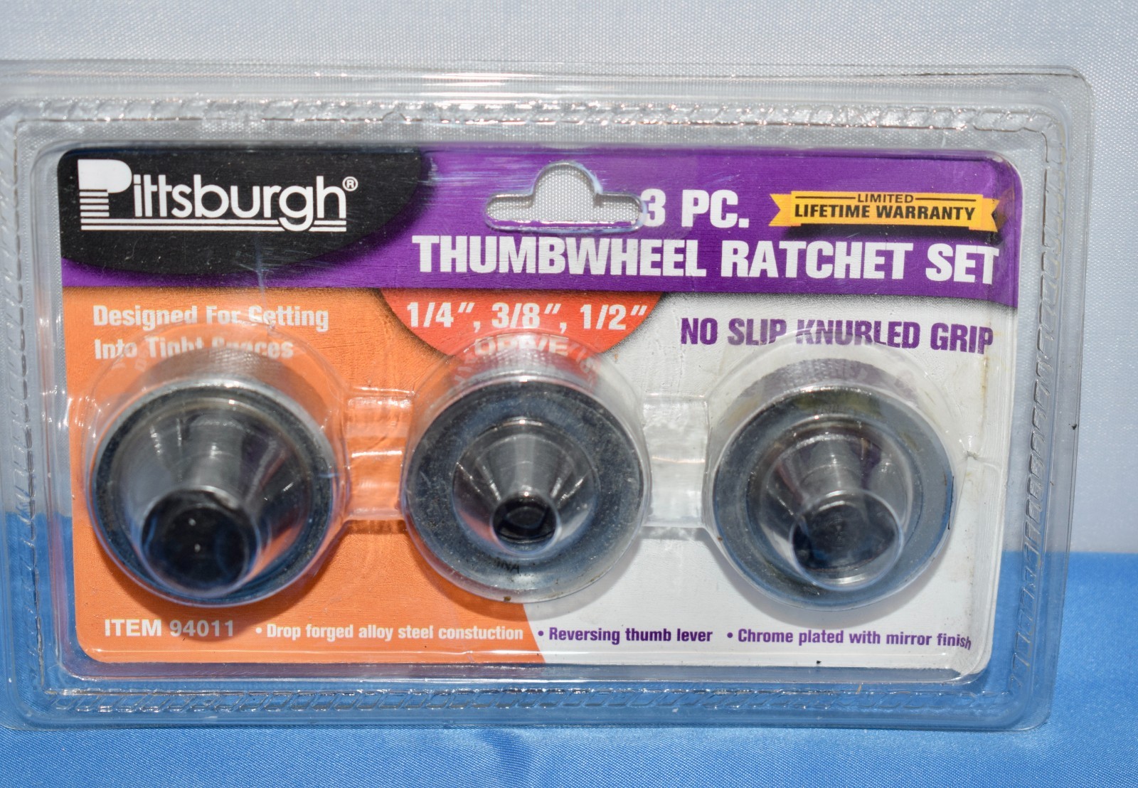 3pc Pittsburgh ThumbWheel Ratchet Set 1/4 3/8 1/2 Reversing Thumb Lever 94011 B2