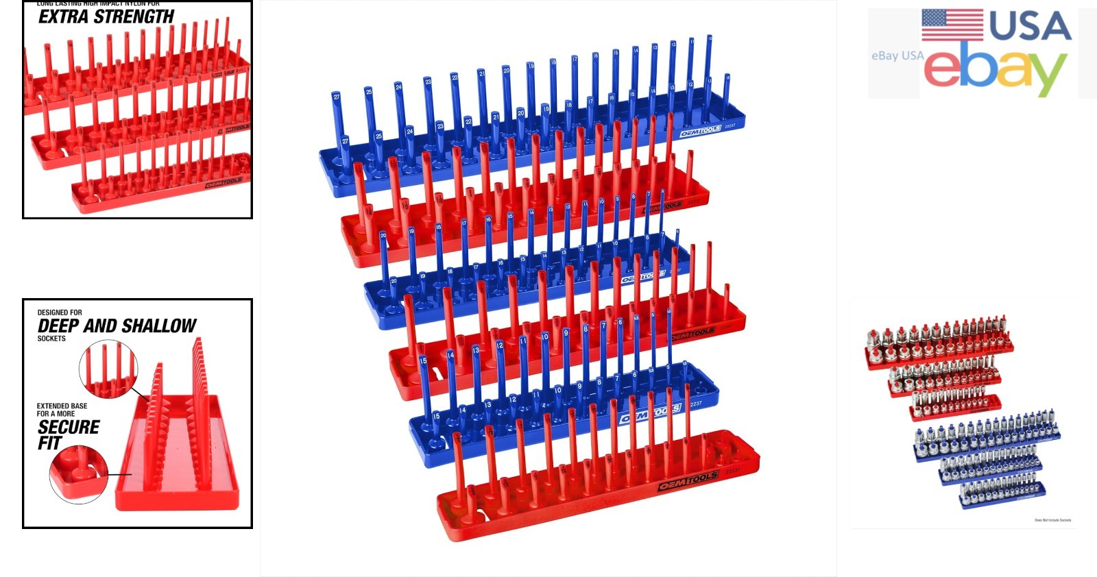 6 Piece Socket Tray Set for SAE and Metric Storage, Red and Blue Organizer