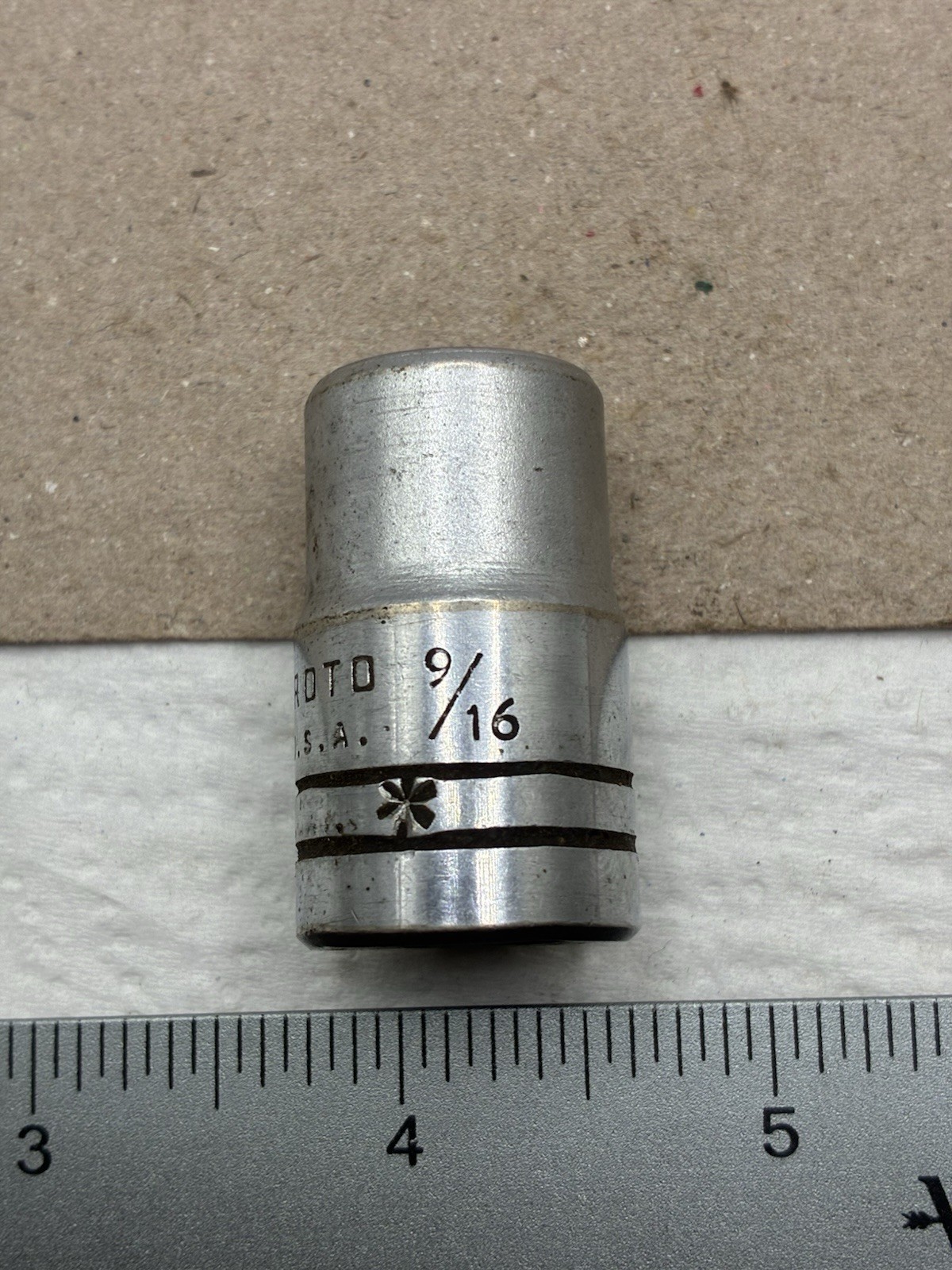 Vintage Proto Tools 9/16″, 12 point, shallow chrome socket, 1/2 dr, #5418 USA