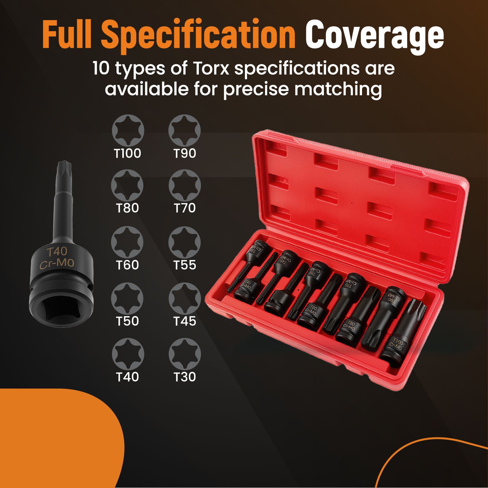 10Pcs T30-T100 1/2 Inch Socket Bits Set Star Drive Impact with Carrying Case