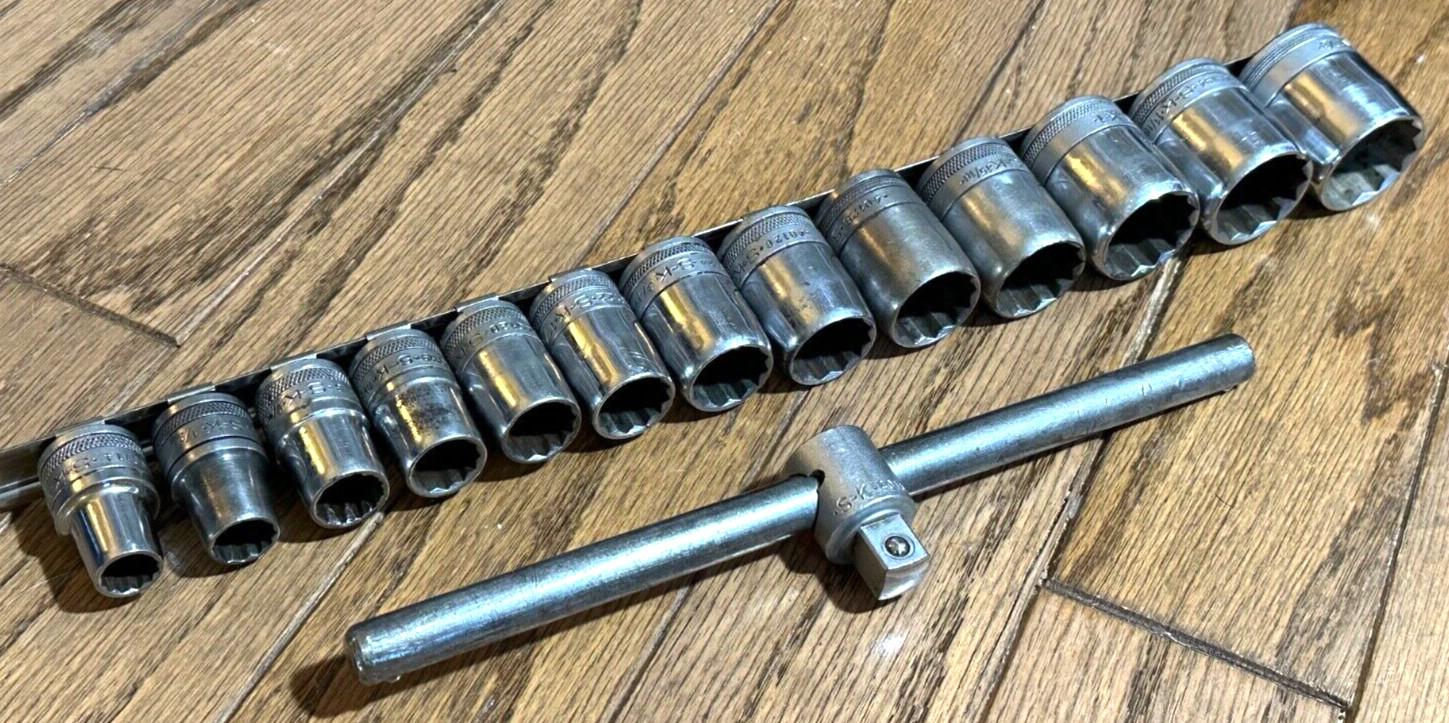 VTG SK Tools KNURLED Socket Set Shallow 1/2″ DR T Handle Breaker Bar Lot 12PT