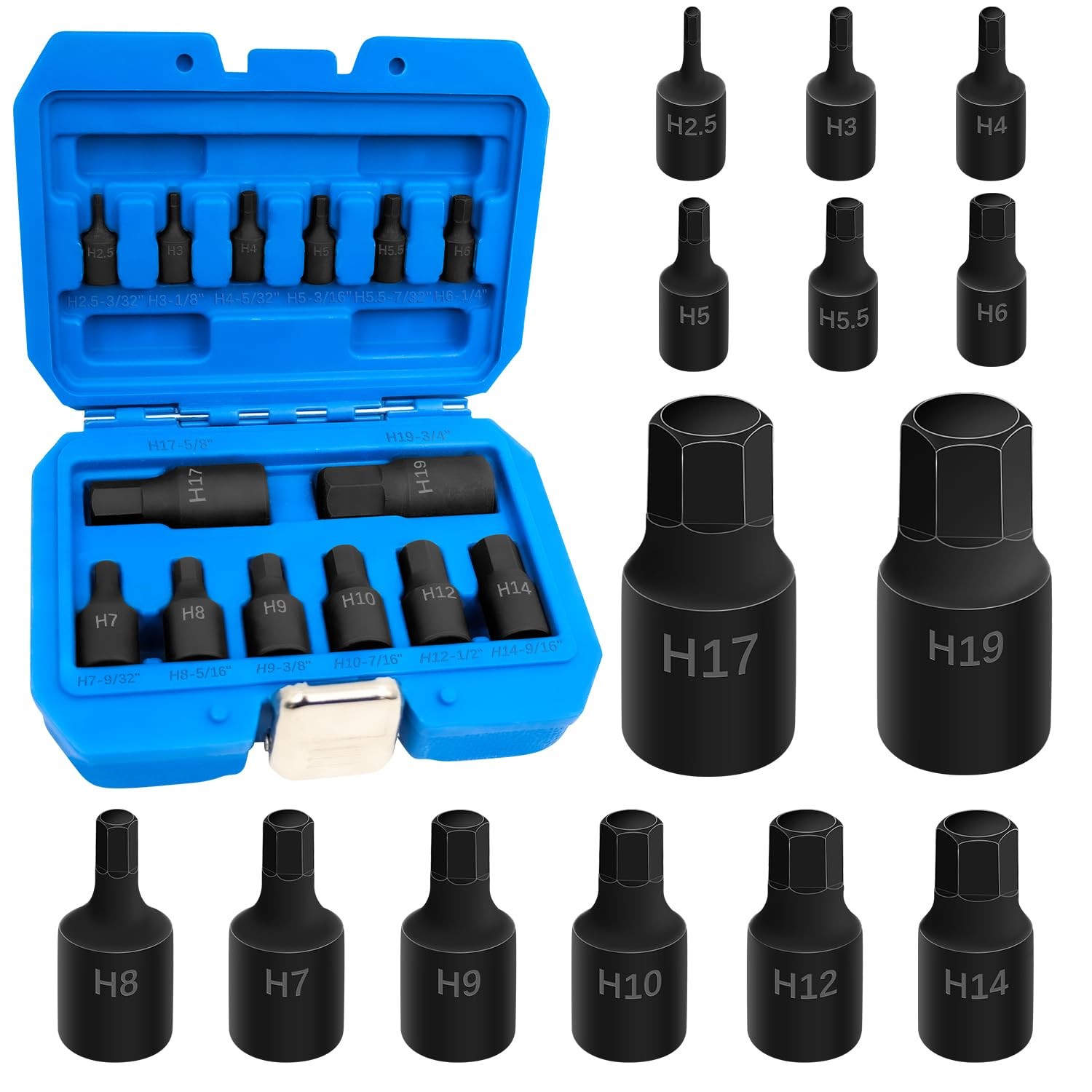 Dados Allen Impacto Hexagonal Metrico 1/4 3/8 1/2 Pulg CR-MO Adaptador 14 PCS