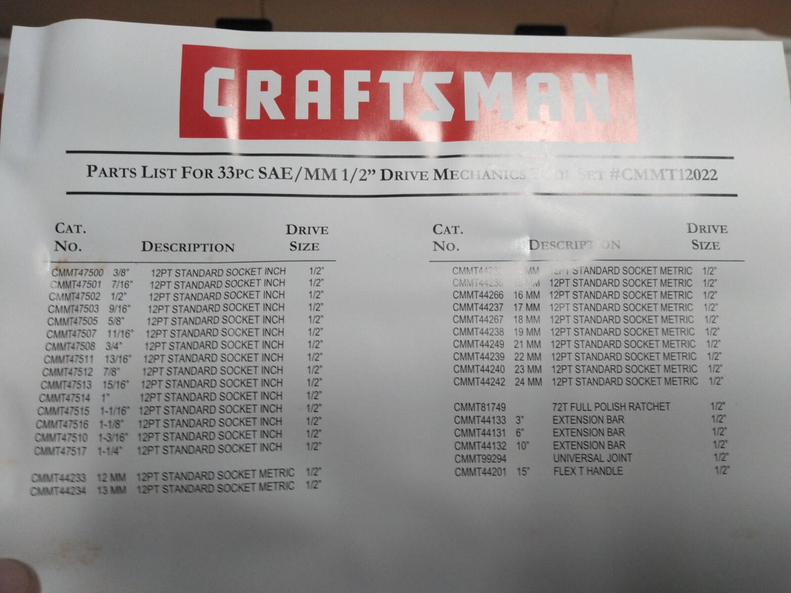 Craftsman SAE Metric 33pcs 1/2″ Drive Mechanics Tool Socket Set Large Sizes