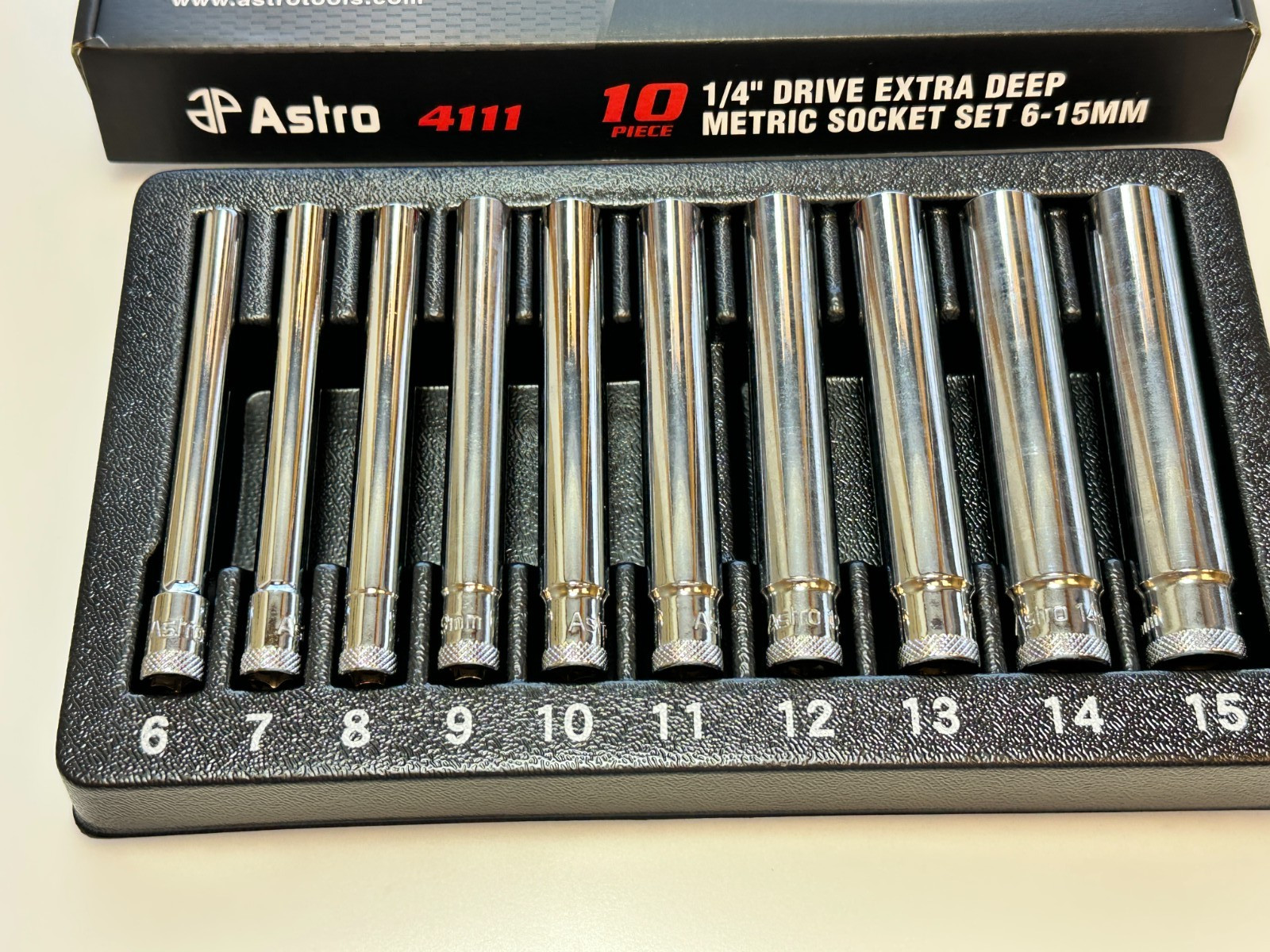 NEW ASTRO 10pc 4111 Extra Deep (4.5″ Long) Metric Socket Set 6mm-15mm 1/4″ Drive