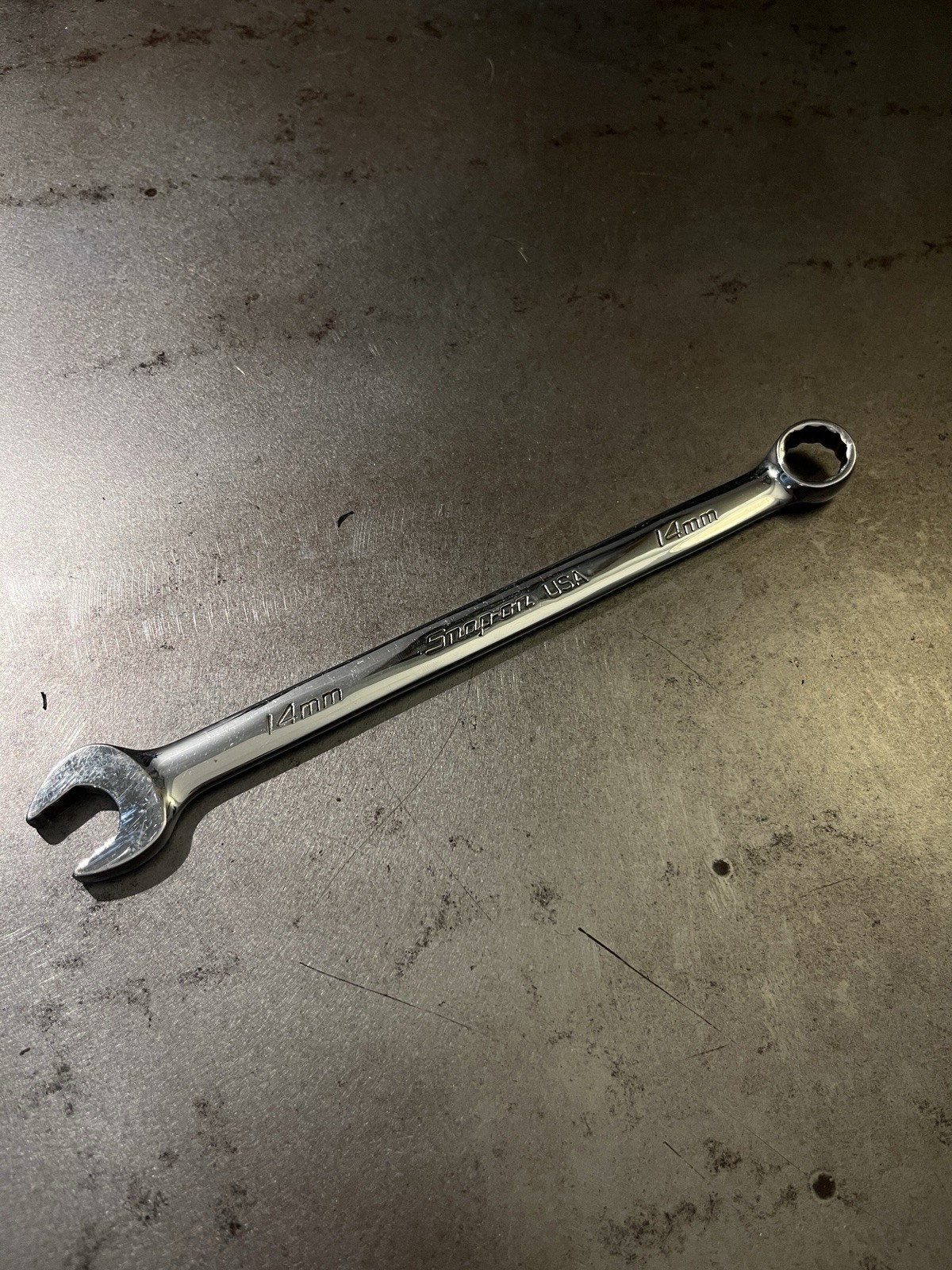 Snap-on SOEXM14 14 mm Flank Drive combination wrench.