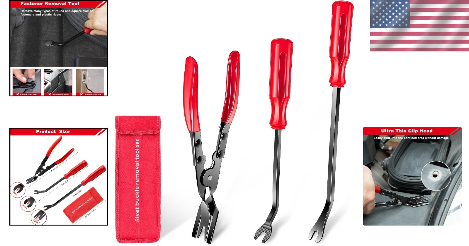 3-Pc Fastener Removal Tool Set – Efficient Auto Trim Tools with Storage Bag