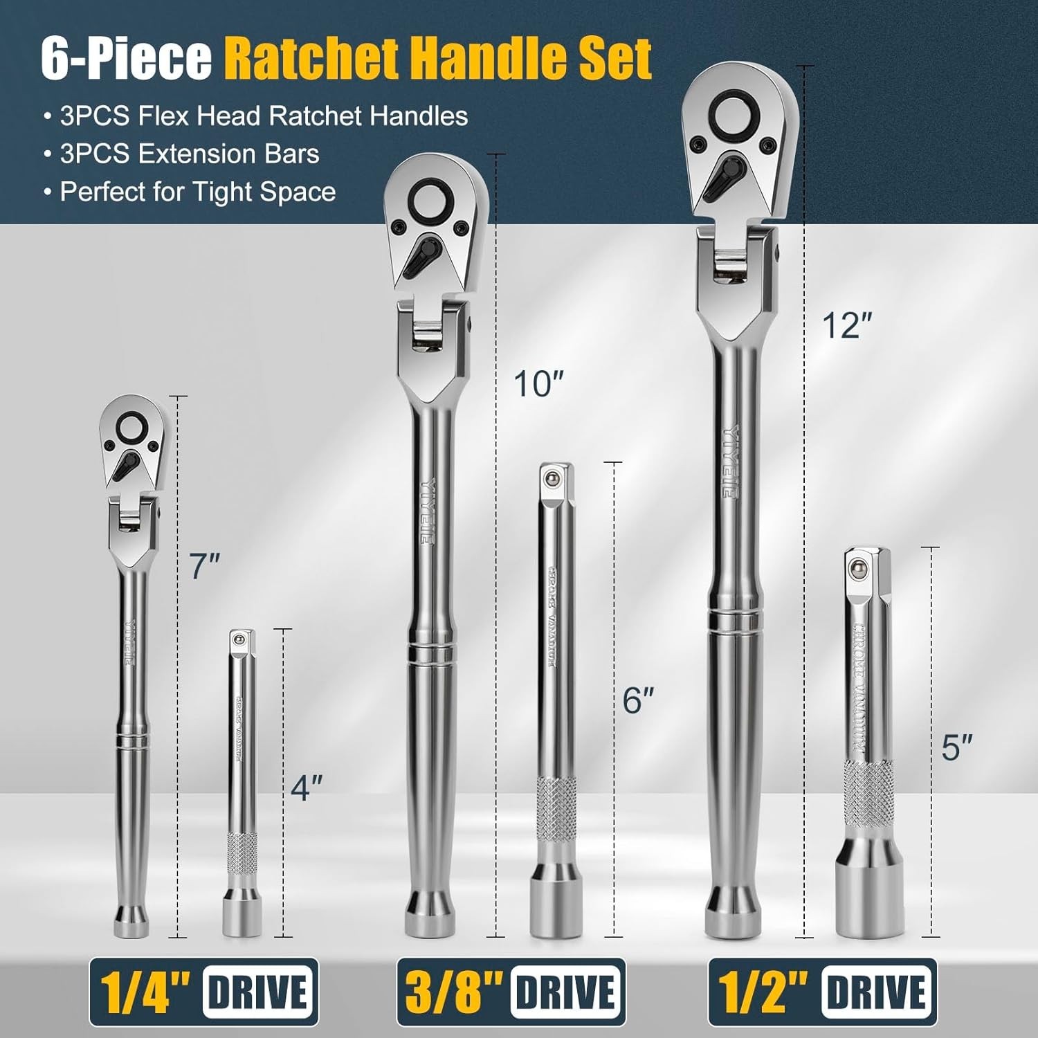 6-Piece Flex Head Ratchet Set, 1/4″, 3/8″, 1/2″ Drive, Swivel Head Ratchet Wr…