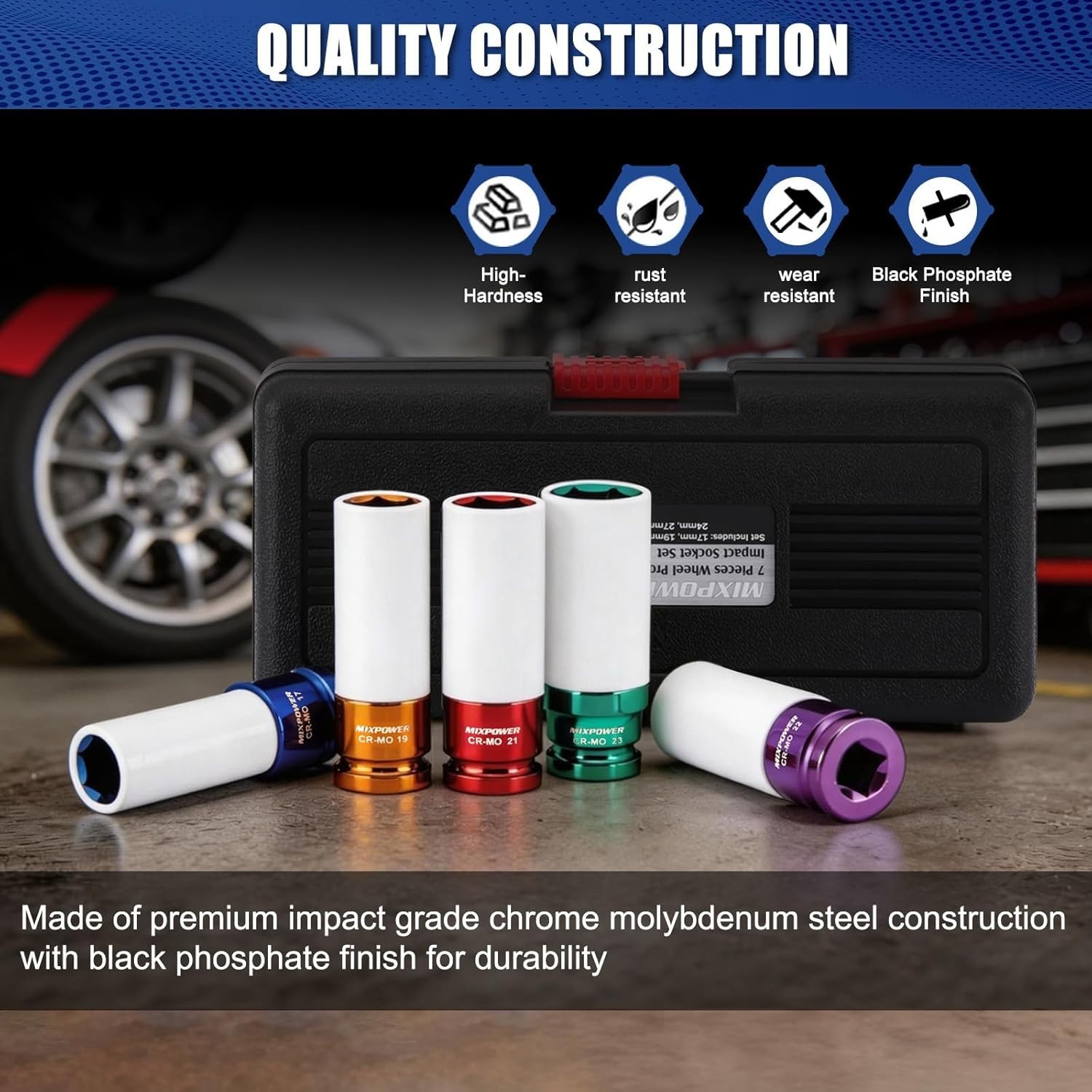7-Piece Thin Wall Impact Socket Set with Color-Coded Metric Sizes 17mm to 27mm