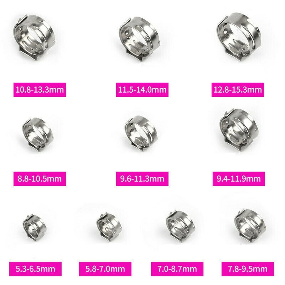 100/130X Hose Clamp Assorted Stainless Steel Ear Cinch Rings Crimp Pipe Clip Set