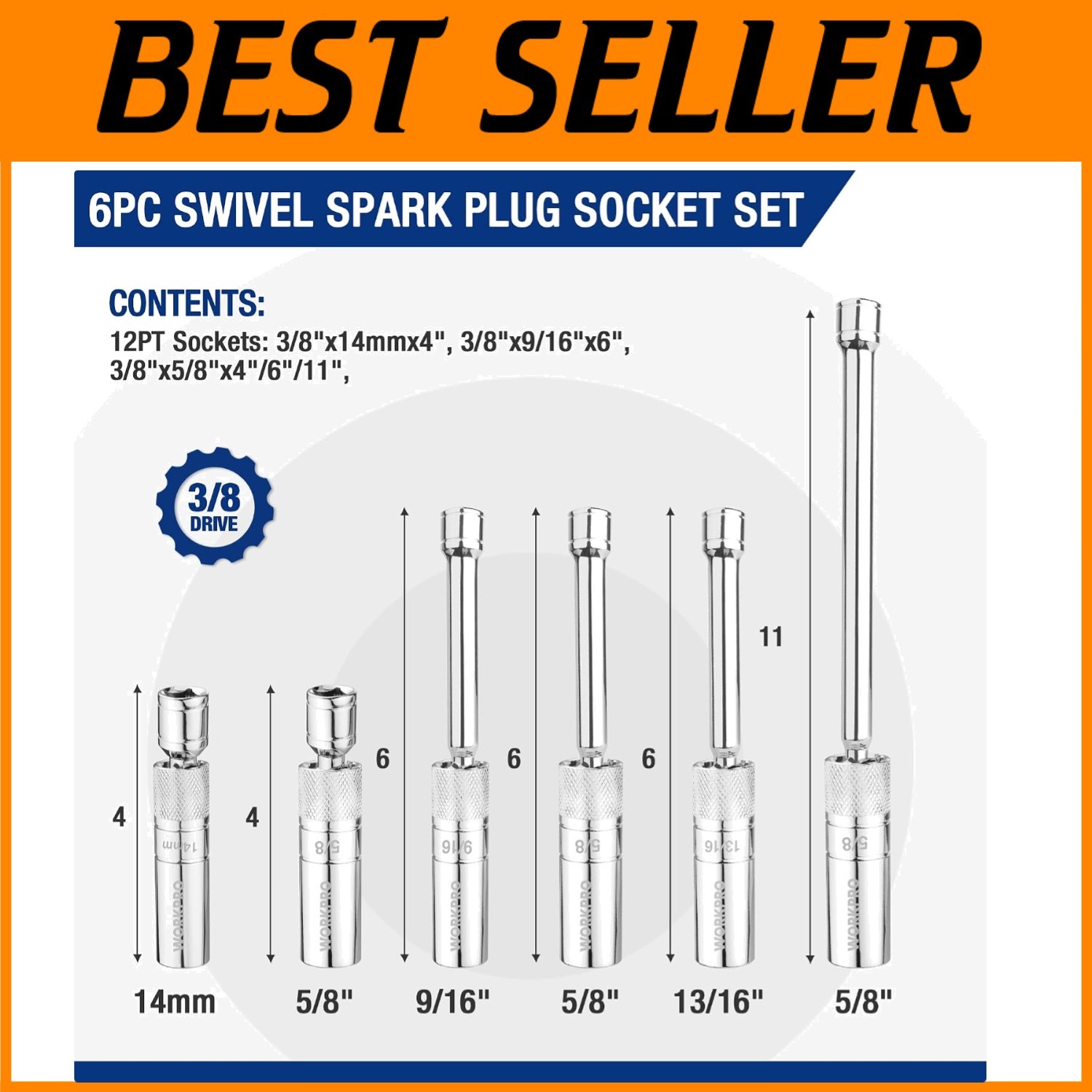 Chrome Finish 6 PC Spark Plug Socket Set with Magnetic Core
