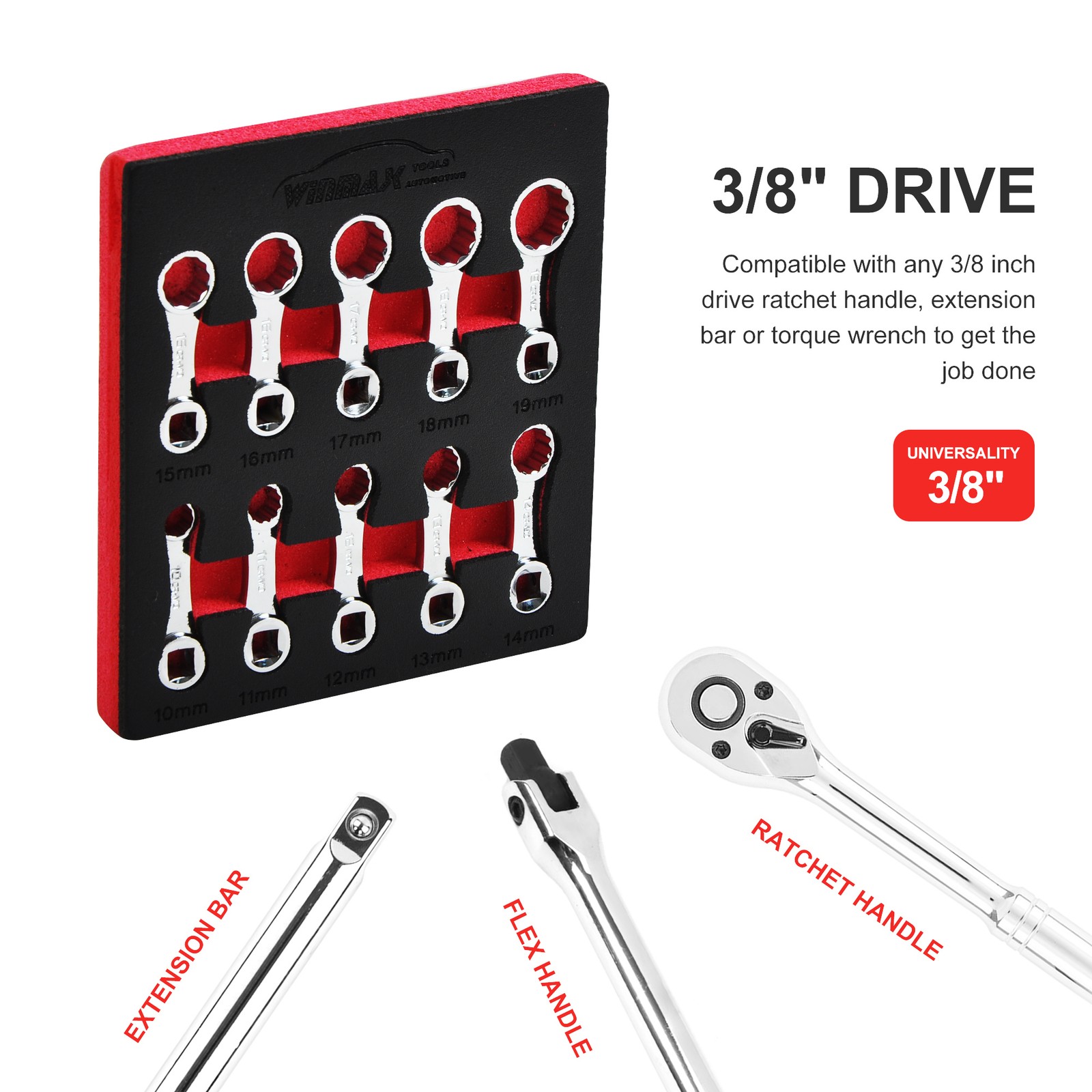 10pc Torque Wrench Set 12 Point Spanner Adaptor Set 3/8″ Drive Metric 10 to 19mm