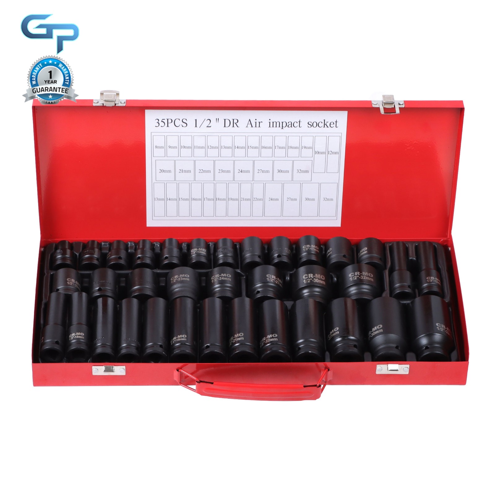 35Pcs 1/2″ Inch Deep Impact Socket Set Drive Metric Garage Sae 8mm-32mm