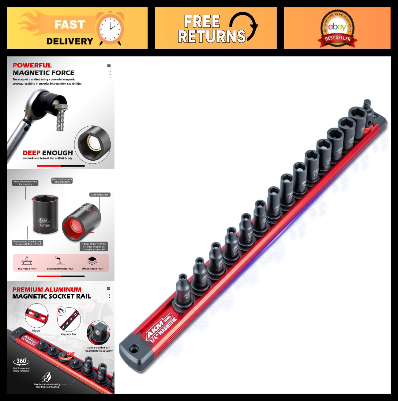 15-Piece 1/4″ Drive Magnetic Impact Socket Set, 4mm-15mm, 6 Point, Cr-Mo, Adapte