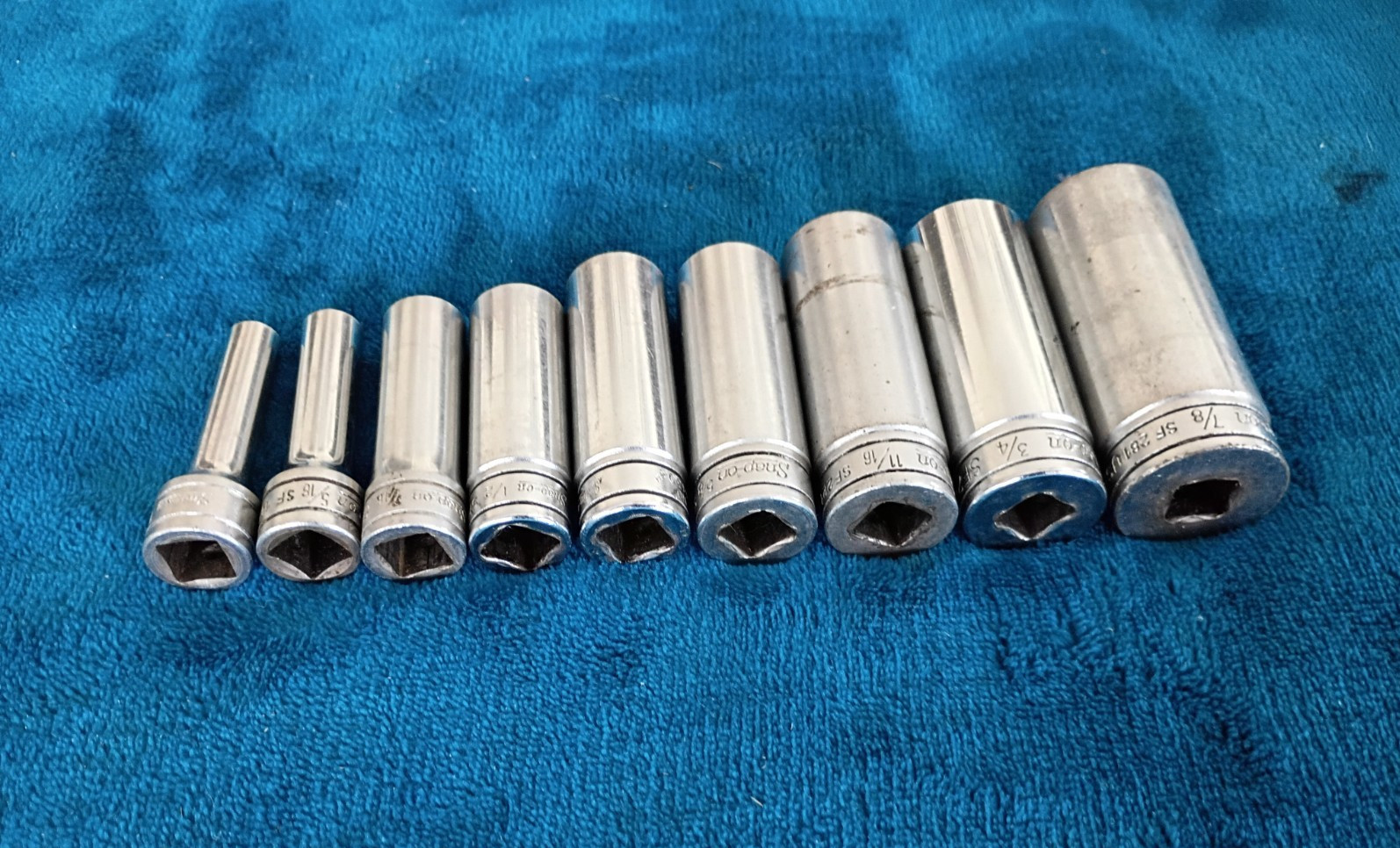 Snap On 9 Piece 3/8” Deep Chrome 12 Point Socket Set 1/4 – 7/8 – SF081-SF281.