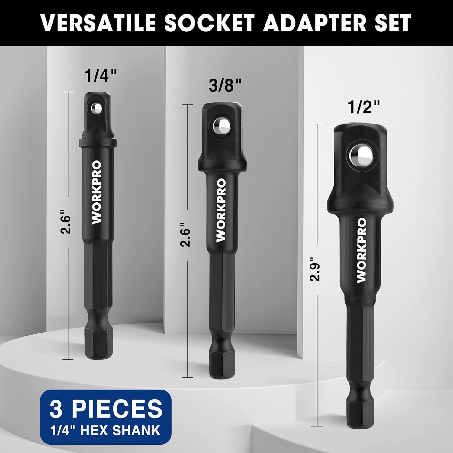 1/4, 3/8, & 1/2-Inch Socket Extension Set with Holder – 3-Piece Tool Kit