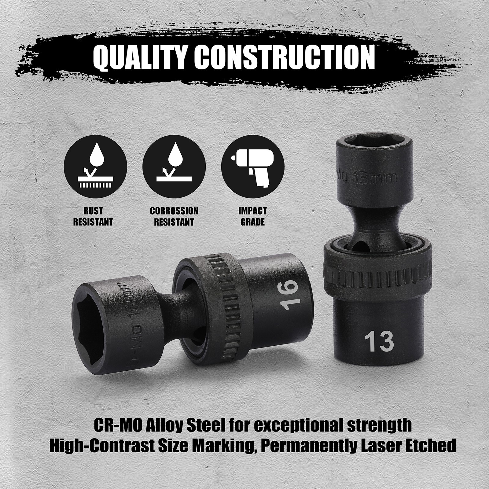 15 Piece 3/8″ Drive 6 Point Universal Flex Impact Socket Set, Metric, 8mm – 22mm